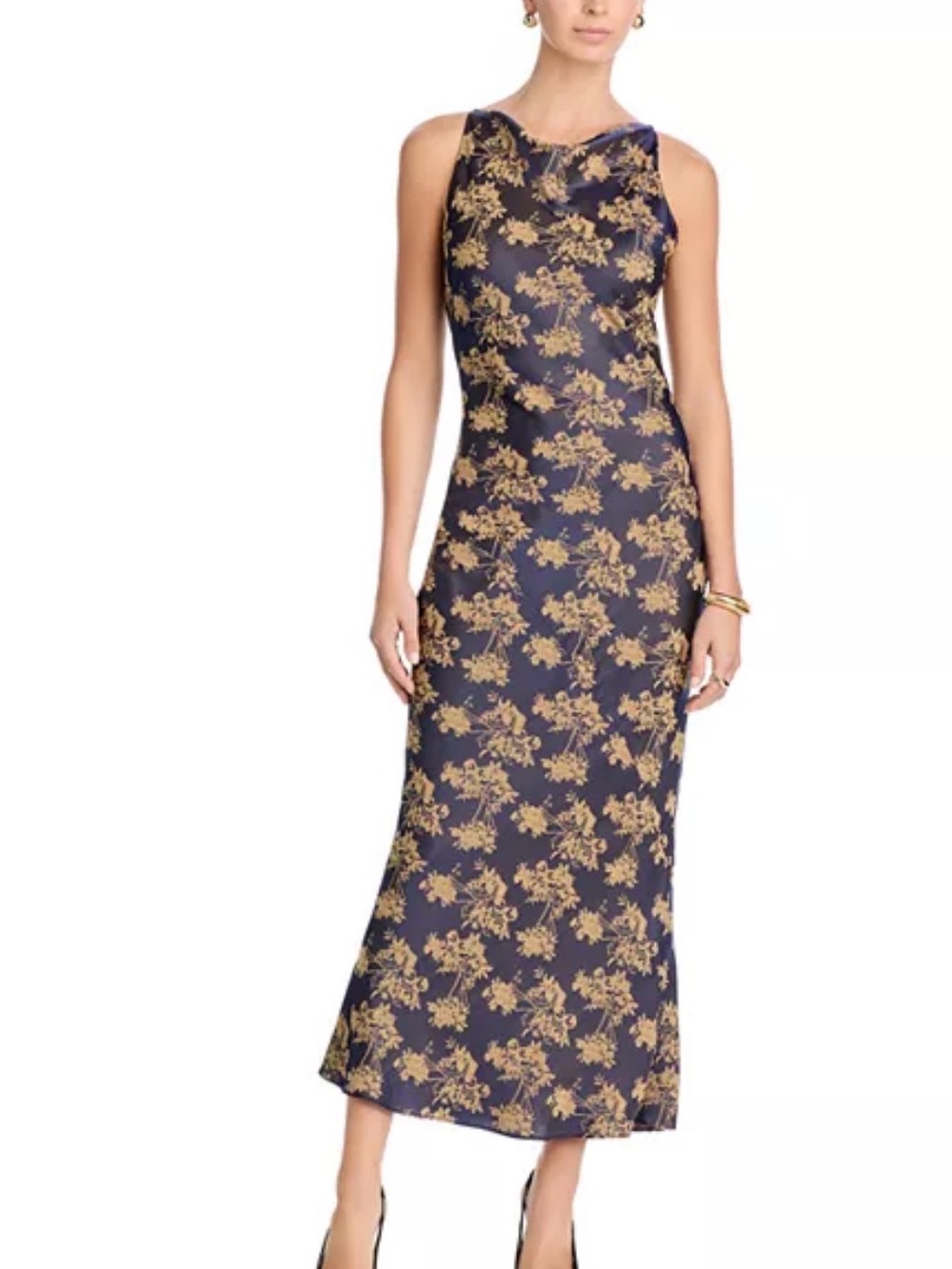 Aqua Navy Maxi Dress with Gold Floral Print